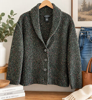 Elementz Womens L Dark Green Speckled Boucle Cardigan Shawl Collar 90s Y2K